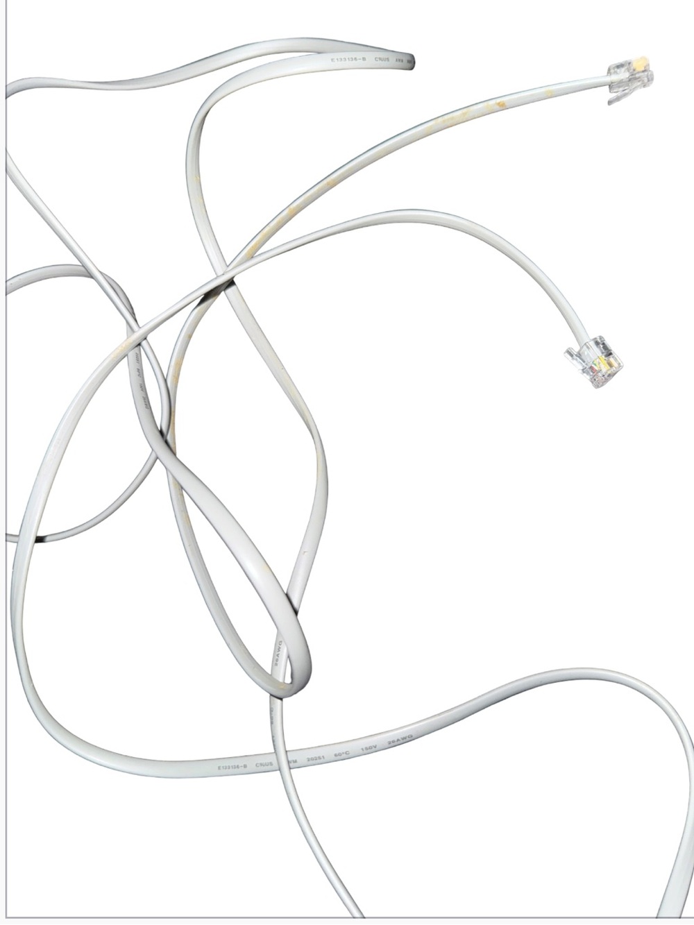 White Flat Modular Telephone Line Cord, RJ11 6P4C Male Plugs (AWM 20251, 26AWG